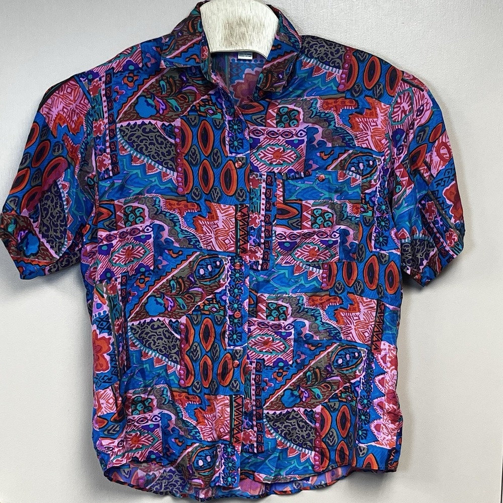 Vintage 80s Women's Silk Stunt Collections Retro Button Down Shirt Size Medium